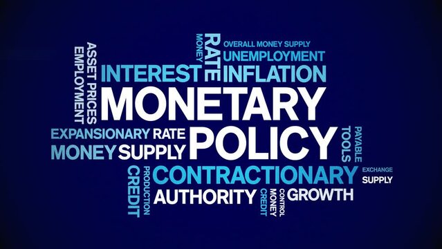 Monetary Policy animated tag word cloud;text design animation kinetic typography seamless loop.