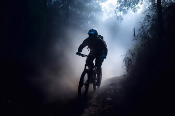 Naklejka premium Man Mountain Biking on a Trail in Early Morning with Mist and Backlight, Generative AI