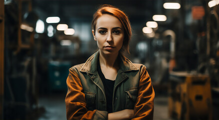 Fototapeta na wymiar Female welder in an industrial facility - Generatice AI