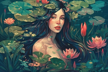 Beautiful mermaid with water lilies