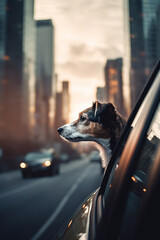 Naklejka premium Curious Dog Taking in the Cityscape from Car Window