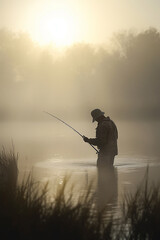 Fishing at Dawn: Angler in the misty lake with fishing rod