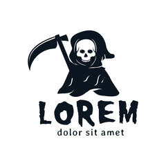 Grim reaper logo design illustration black skull angel of death with scythe for halloween