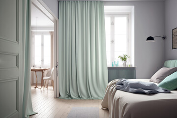 Minimalistic modern bedroom with mint green curtainson windows. Generative AI