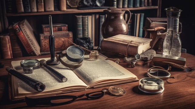 detective supplies standing on wooden table. magnifying glass books