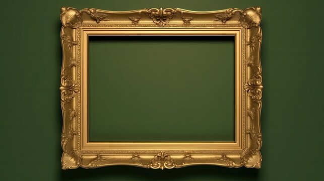 Vintage bronze rectangular picture frame on a green  color background created with generative AI technology