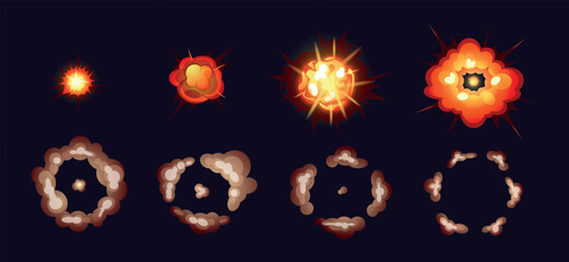 Energy explosive particles. Game explosion effect. Animation flash motion. Fire burst. Blaze animation. Boom clouds. Atomic blast smoke. Flame elements set. Vector recent cartoon design