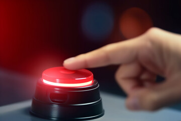Pushing the Button: Close-up of Finger on Game Show Buzzer - obrazy, fototapety, plakaty