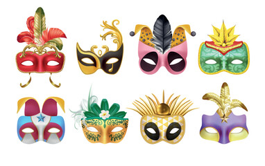 Realistic Venetian carnival masks. Venice masquerade. Italy art for theater with feathers and ornate decoration. Theatrical disguise. Vector exact 3D performance costume elements set
