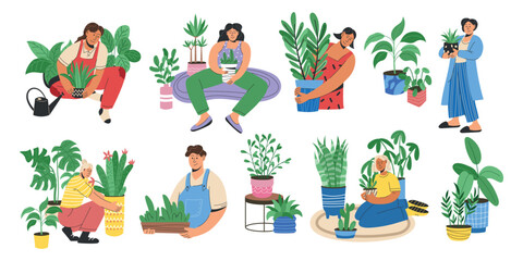 Trendy people with house plants, flowers and leaves in pots. Home garden greenery, persons grow green cactus, woman with spray. Contemporary characters. Vector garish cartoon illustration