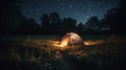 Camping on an open field in the summer. Generative AI