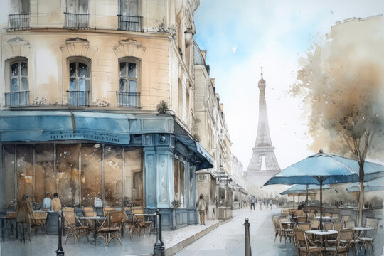 Spring Paris street in blue and beige watercolour sketch drawing, ai generative