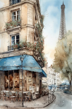 Spring Paris street in blue and beige watercolour sketch drawing, ai generative