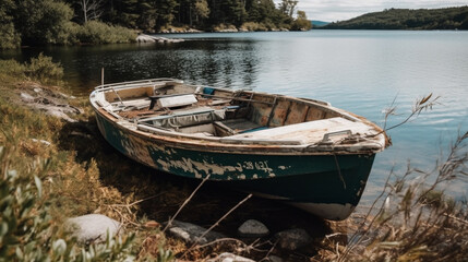 Naklejka na ściany i meble damaged boat by the lake