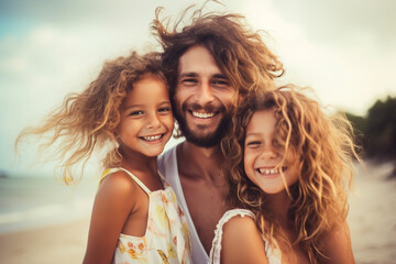 Young family having a good time at the beach in the summer. Generative AI