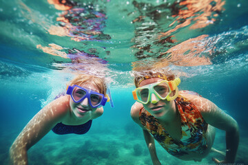 Fototapeta premium Young family having fun under water, snorkelling. Generative AI