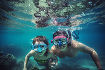 Naklejka premium Young family having fun under water, snorkelling. Generative AI