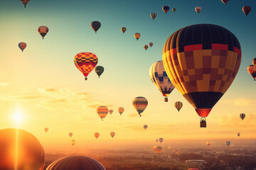 Obraz premium Colorful hot air ballons flying at sunset. Generative AI