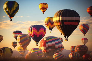 Obraz premium Colorful hot air ballons flying at sunset. Generative AI