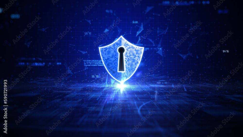 Aufkleber digital data network protection, shield icon cyber security, future technology digital data network 