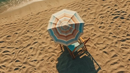 Beach umbrella with chairs, inflatable ring on beach sand. summer vacation concept. top view.