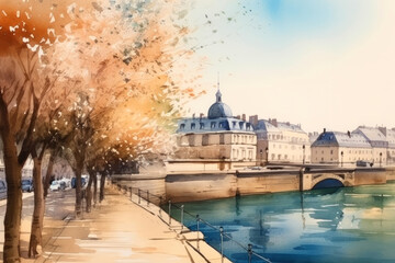 Fototapeta na wymiar Spring Paris street in blue and beige watercolour sketch drawing, ai generative