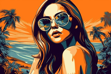 Hand drawn pop-art style illustration of a beautiful young woman with sunglasses on a tropical beach. Generative AI - obrazy, fototapety, plakaty