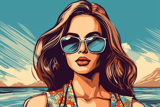 Hand drawn pop-art style illustration of a beautiful young woman with sunglasses on a tropical beach. Generative AI