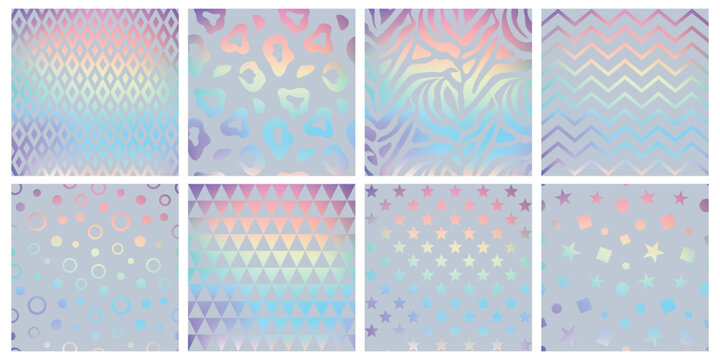 Iridescent rainbow holograms, metal background. Glitter foil gradient, sparkle silver color for unicorn paper. Decor textile, wrapping paper, wallpaper. Print for fabric. Vector neon design