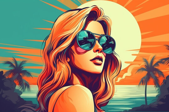 Hand drawn pop-art style illustration of a beautiful young woman with sunglasses on a tropical beach. Generative AI