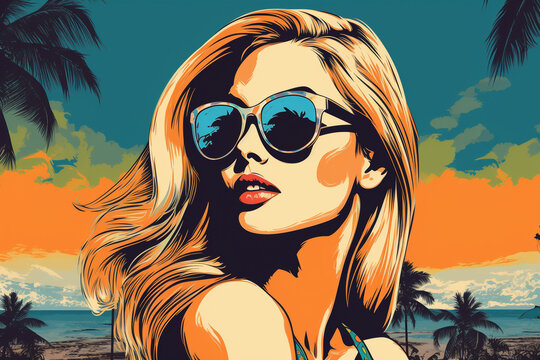 Fototapeta Hand drawn pop-art style illustration of a beautiful young woman with sunglasses on a tropical beach. Generative AI