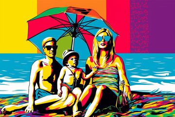 Hand drawn pop-art style illustration of a beautiful young family at the beach. Generative AI