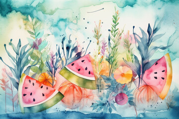 Obraz na płótnie Canvas Hand painted illustration of a conceptual summer scene - pastel watercolor. Generative AI