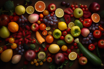 Organic vegetables and fruit, top angle shoot, healthy diet, top angle shoot