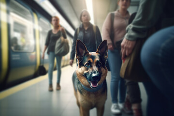 Patient Pooch Awaiting Departure in Subway Station