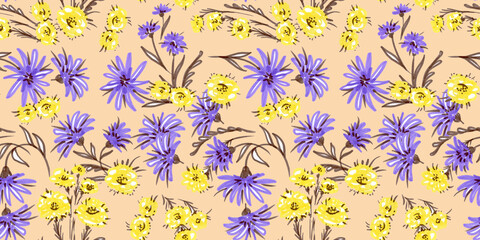 Spring Seamless Pattern. Felt pen Floral elements in doodle style. Markers Violet and yellow cornflower on Beige background. Wedding patterns