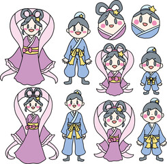 織姫と彦星を１～5頭身にデフォルメしたカラーイラストセット