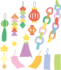七夕の飾りをイメージした主線なしカラーイラストセット