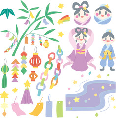 笹の飾りや織姫や彦星など七夕をイメージした主線なしカラーイラストセット