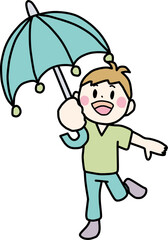 笑顔で傘をさしている男の子のカラーイラスト