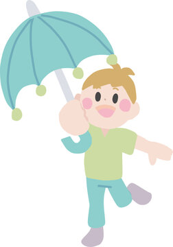 笑顔で傘をさしている男の子の主線なしカラーイラスト
