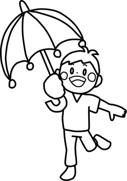 笑顔で傘をさしている男の子の線画