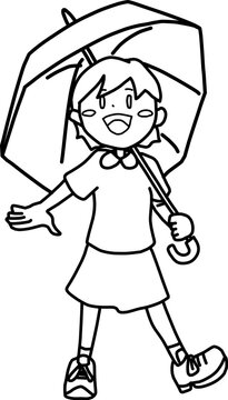 笑顔で傘をさしている女の子の線画