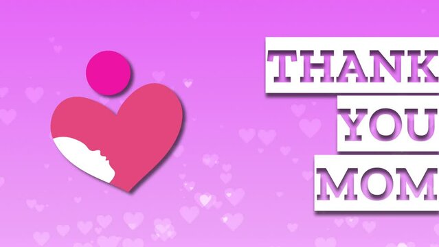 thank you mom text, Swinging mother and son icon on purple background with floating heart shape. international mothers day concept.