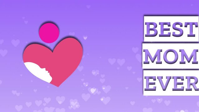 best mom ever text, Swinging mother and son icon on purple background with floating heart shape. international mothers day concept.