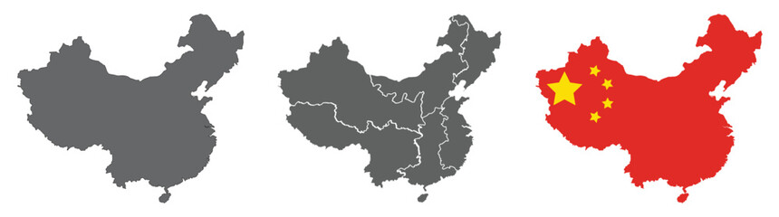 Map of China set with grey, black, flag isolated. Transparent background