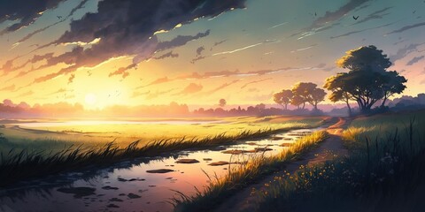 Meadow landscape, sunset, dusk. Anime style watercolor as background.	Generative AI.	
