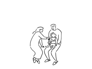 子供をだっこするお父さん（男性）と女性（お母さん）（線画）
