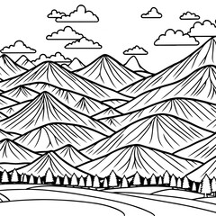 Landscape with hills and trees.  Coloring page of landscape. 