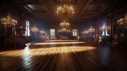 A luxurious masquerade ballroom with intricate masks, elegant chandeliers. Generated by AI. - obrazy, fototapety, plakaty
